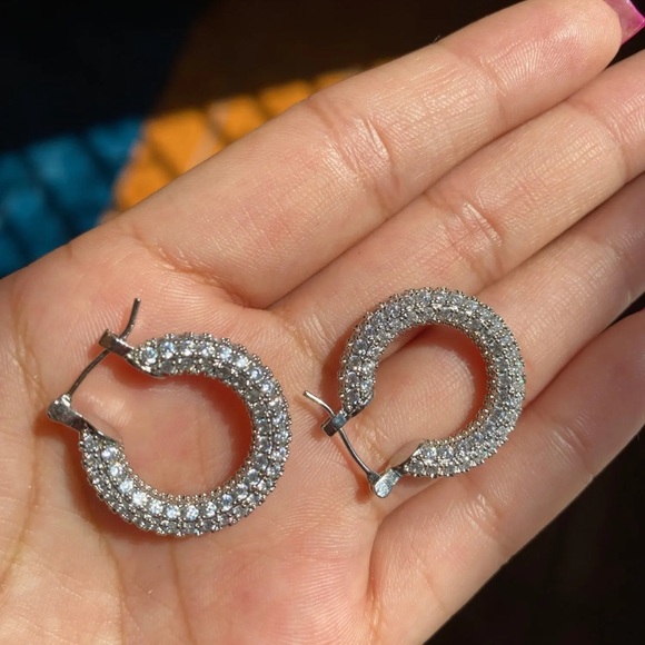 Baby Amalfi Pave Crystal Silver Hoops Earrings - Picture 12 of 12